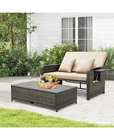 Gouun Patio Wicker Loveseat Sofa with Multipurpose Ottoman and Retractable Side Tray