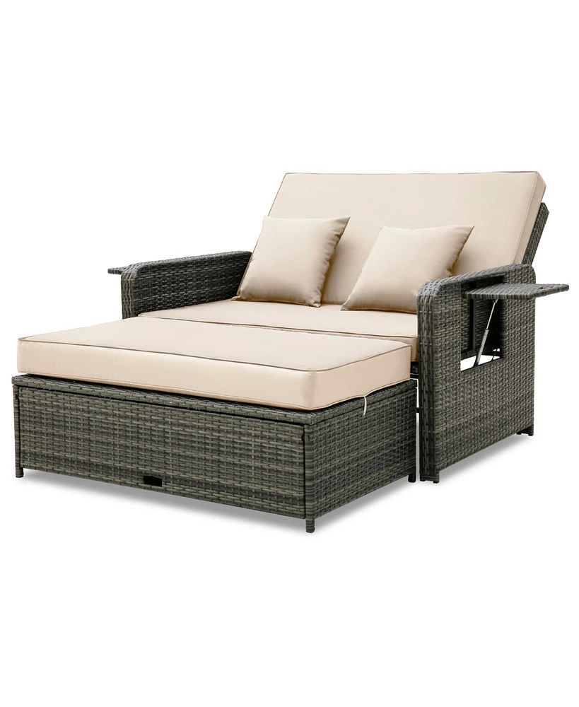 Gouun Patio Wicker Loveseat Sofa with Multipurpose Ottoman and Retractable Side Tray