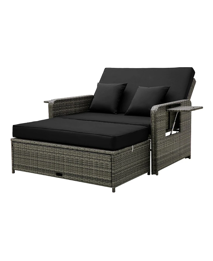 Patio Wicker Loveseat Sofa with Multipurpose Ottoman and Retractable Side Tray