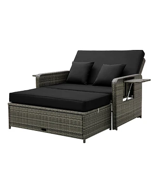 Gouun Patio Wicker Loveseat Sofa with Multipurpose Ottoman and Retractable Side Tray