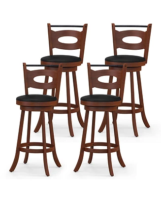 Gymax 4PCS 360°; Swivel Bar Stools Dining Chairs Solid Rubber Wood Leather Padded Brown & Black