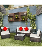 6 Pieces Patio Rattan Furniture Set with Sectional Cushion and Ottomans