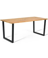 Gouun Acacia Wood Table and 6 Wicker Chairs with Umbrella Hole-x-side Handrail