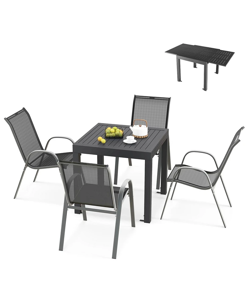 Gouun Outdoor Dining Table Set with Extendable Aluminum Table and 4 Stackable Chairs