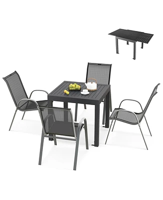 Gouun Outdoor Dining Table Set with Extendable Aluminum Table and 4 Stackable Chairs