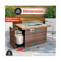 SereneLife 50,000 Btu Rectangle Wicker Propane Gas Fire Pit Table with Tile Top and Glass Wind Guard