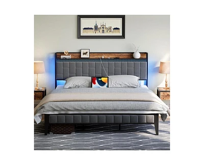 gaomon King Bed Frame with Charging Station, Led Bed Frame with Storage Headboard, Upholstered Platform Bed Frame King Size, No Box Spring Needed