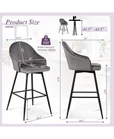 Gymax Set of Velvet Bar Stools Swivel Pub Height Dining Chairs w/ Metal Legs Gray