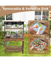 Gymax Kids Mud Kitchen Play Kitchen w/ Blackboard Stoves Removable Sink Natural
