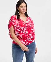 INC Plus Printed Ruched Surplice-Neck Top, Exclusively at Macy's