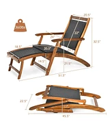 Gouun Patio Rattan Folding Lounge Chair with Acacia Wooden Frame Retractable Footrest
