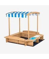 Gouun Kids Wooden Sandbox with Striped Canopy
