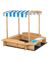 Gouun Kids Wooden Sandbox with Striped Canopy