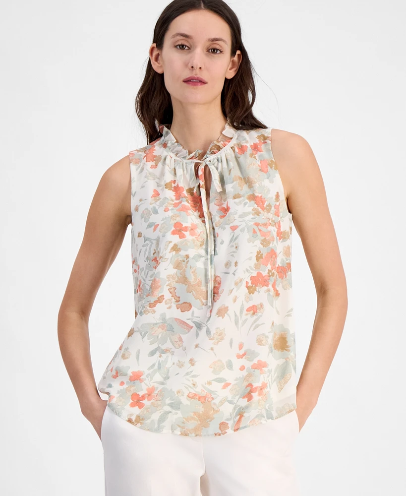 Anne Klein Women's Floral-Print Ruffle-Collar Blouse