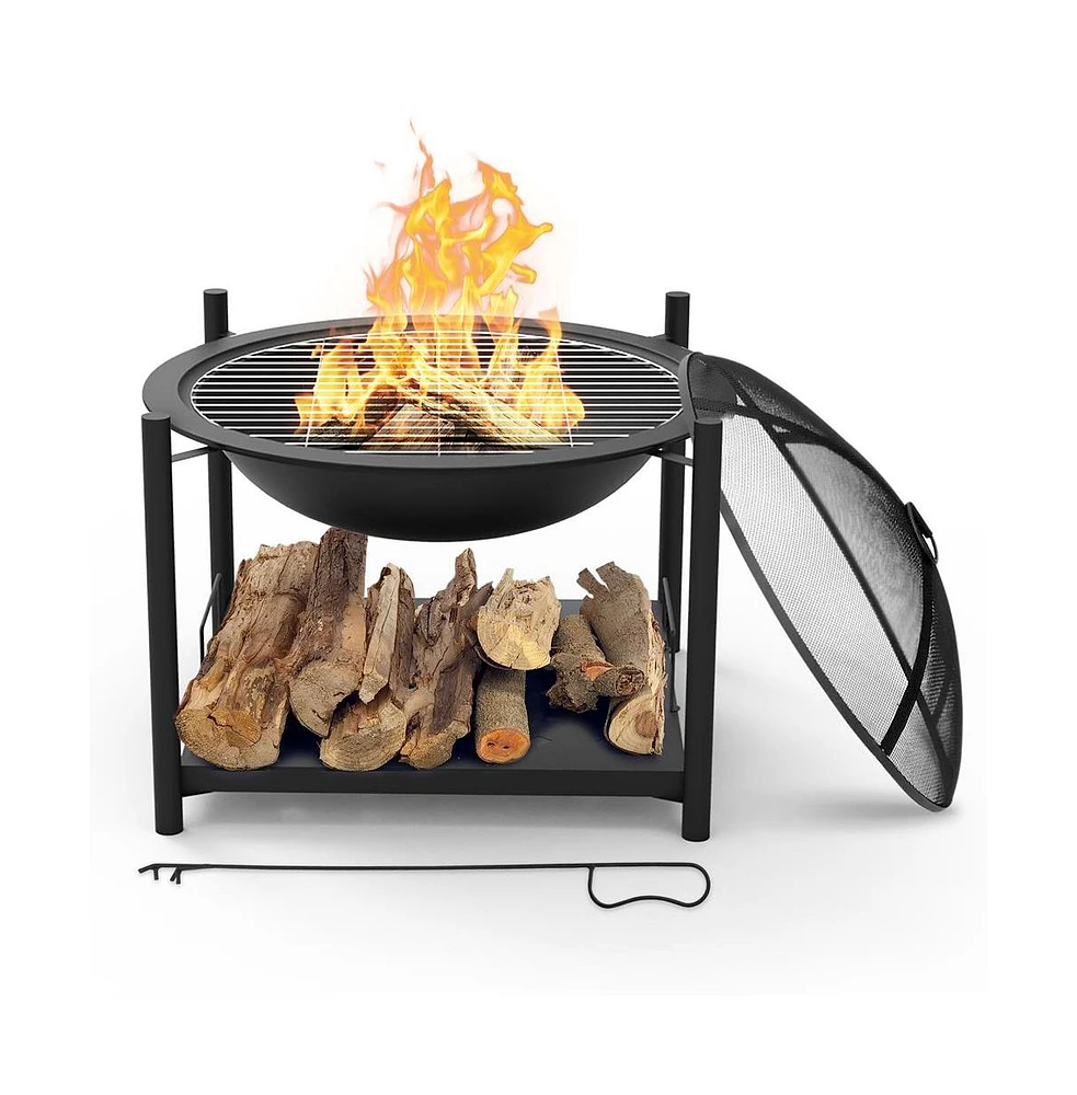 SereneLife 26-Inch Steel Outdoor Fire Pit with Mesh Spark Screen and Cooking Grill