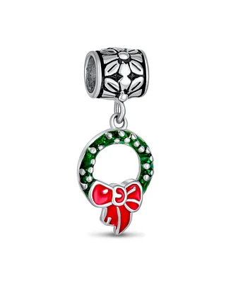 Bling Jewelry Green Christmas Red Bow Dangle Charm Bead Enamel .925 Sterling Silver