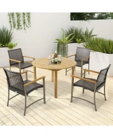 Gymax Outdoor Rattan Chair Set of 4 Patio Pe Wicker Dining Chairs w/ Acacia Wood Armrests Balcony Poolside