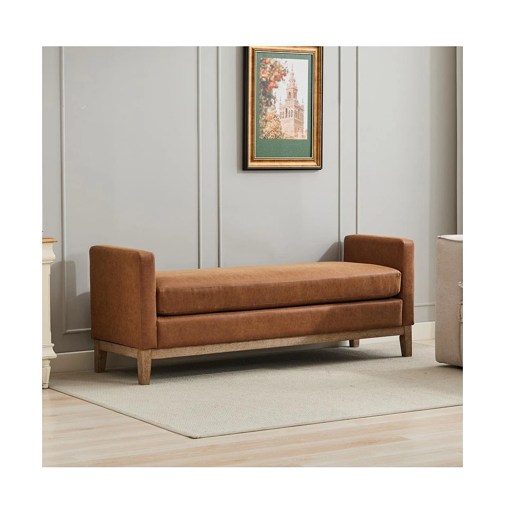 The Pop Home 66" Upholstered Bench Daybed Ottoman with Wood Legs for Bedroom, Living Room, Entryway-The