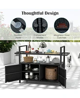 Gouun Outdoor Bar Cart Rolling Wicker Buffet Serving Cart with Tempered Glass Top Storage Cabinet and 8 Hooks