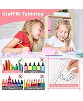 Gouun Kids Table and Chairs Set for 4 with Graffiti Desktop