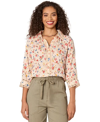 Democracy Petite Printed Crochet-Trim Cotton Button-Front Shirt