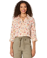 Democracy Petite Printed Crochet-Trim Cotton Button-Front Shirt