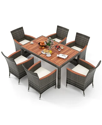 Gouun 7 Pieces Patio Acacia Wood Cushioned Pe Rattan Wicker Dining Set