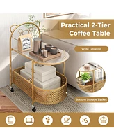 Gouun 2-Tier Mobile Glass Table with Bear Pattern