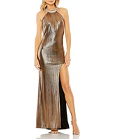 Mac Duggal Women's High Neck Crystal Detail Metallic Slit Gown