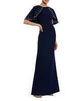 Mac Duggal Women's Crepe High Neck Fitted Gown With Beaded Shawl