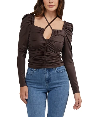 Bebe Women's Puff Sleeve Coated Ruched Top