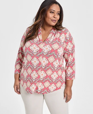 Jm Collection Plus Printed 3/4-Sleeve Top, Exclusively at Macy's