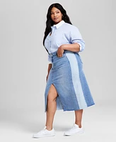 And Now This Plus Two-Toned Slit-Front Cut-Hem Denim Skirt, Exclusively at Macy's