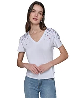 Karl Lagerfeld Paris Women's Embellished V-Neck T-Shirt