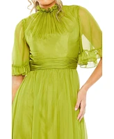 Women's Ruffled High Neck Flutter Sleeve Low Hem Gown