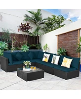 Gouun 7 Pieces Sectional Wicker Furniture Sofa Set with Tempered Glass Top-Peacock