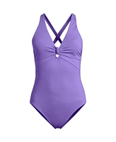 Lands' End Women's Knot Front V-neck High Leg One Piece Swimsuit