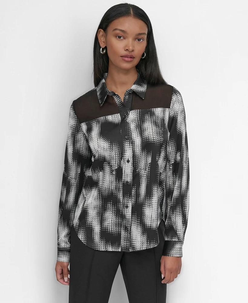 Dkny Women's Sheer-Yoke Abstract-Print Blouse