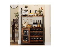 gaomon 3-Tier Wine Bar Cabinet with Led Lights, Detachable Wine Rack and Storage Space, Buffet Cabinet with Glass Holder and Mesh Door, for Kitchen