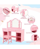 gaomon Kids Vanity Set, 2-in-1 Princess Makeup Table with Tri-Folding Mirror & Drawer, Stool, Toddler Vanity, Pretend Play Set for