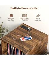 Gouun Mid-century Record Player Stand with Power Outlet and Vinyl Divider