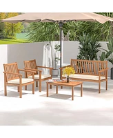 Gouun 4 Piece Patio Wood Furniture Set Acacia Wood Sofa Set with Loveseat-Off
