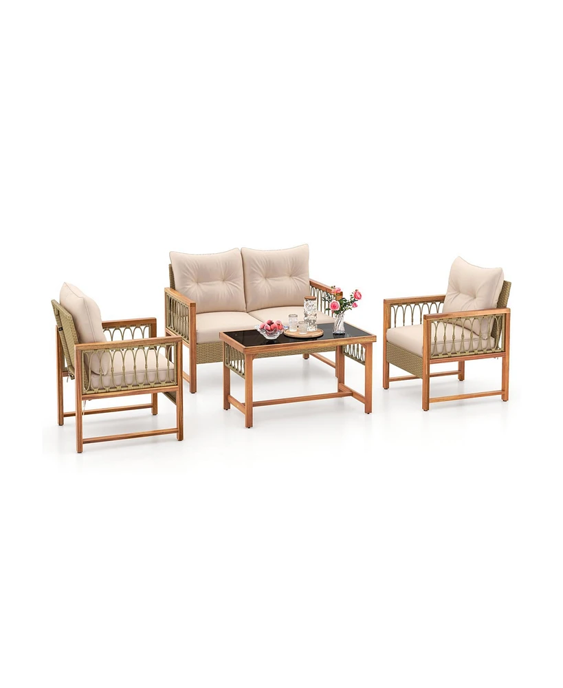 Gouun 4 Pieces Outdoor Patio Pe Wicker Conversation Bistro Set with Acacia Wood Frame