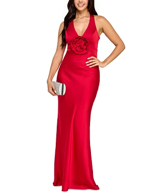 B Darlin Juniors' Sleeveless Satin 3D Rose Gown, Created for Macy's