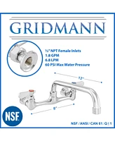 Gridmann Commercial Wall Mount Sink Faucet, 8" Center with 12" Swivel Spout, Nsf, Dual Lever Handles, Brass Construction, Chrome Polished Finish