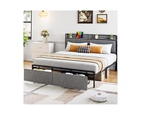 gaomon Full Size Bed Frame with Charging Station and 2 Storage Drawer, Upholstered Platform Bed with Headboard, Usb Port & Outlets, No Box Spring Need