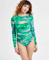 Bar Iii Women's Printed Crewneck Long-Sleeve Ruched Bodysuit, Exclusively at Macy's