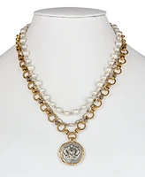 Patricia Nash Two-Tone Pave & Imitation Pearl Crown Coin Convertible Layered Pendant Necklace, 18" + 1" extender