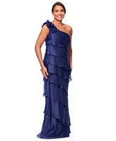 Xscape Petite One-Shoulder Tiered Satin Gown