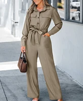 Cupshe Women's V Neck Button-Up Front Tie Waist Jumpsuit